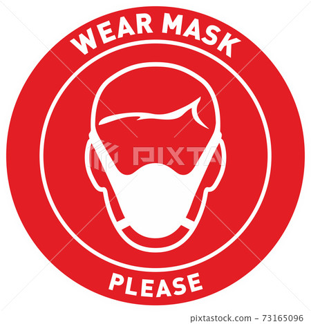 Vector red circle sign with text wear mask please. Character with white face mask. Isolated on white background. Vector red circle sign with text wear mask please. Character with white face mask. Isolated on white background. 73165096