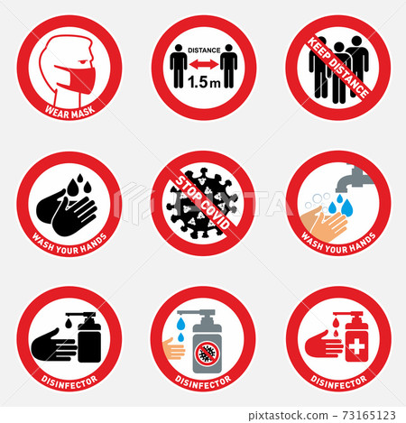 Set of Coronavirus Safety Measures and Precautions Warning signs about protection, social distancing, wearing face covering, washing hands, using sanitizer, keeping distance and stop coronavirus Set of Coronavirus Safety Measures and Precautions Warning signs about protection, social distancing, wearing face covering, washing hands, using sanitizer, keeping distance and stop coronavirus 73165123