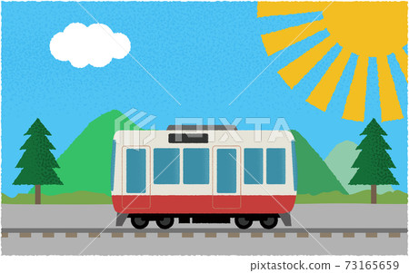 Vector illustration of a train running along the mountains under the scorching sun 73165659