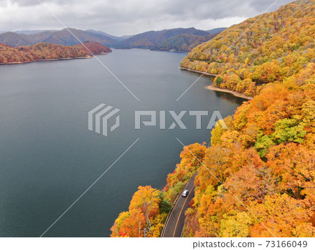 Aerial view of the autumnal road on the shores of Lake Hibara 73166049