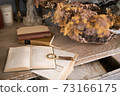 Table photo of old antique books and dried flowers 73166175