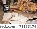 Antique old books and antique twin-lens reflex camera 73166176