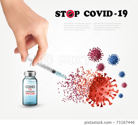 Covid-19 corona virus vaccination with syringe injection tool for covid19 immunization treatment.  Coronavirus vaccine background. Vector illustration 73167446
