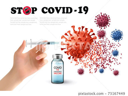 Hand holding syringe with vaccine destroying virus COVID - 19 molecule. Stop Coranavirus concept background. Vector illustration 73167449