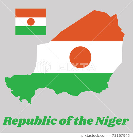 Map outline and flag of Niger, with name text Republic of the Niger. 73167945