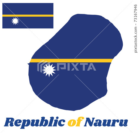 Map outline and flag of Nauru, with name text Republic of Nauru. 73167946