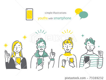Simple and fashionable line art illustrations for young people with smartphones 73169232