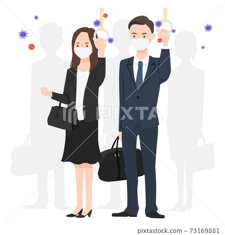 Women and men commuting by train. Illustrations where the risk of virus infection lurks in various places. Women and men commuting by train. Illustrations where the risk of virus infection lurks in various places. 73169881
