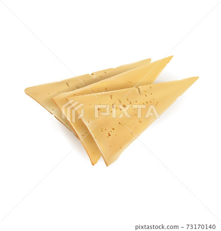 Three triangular yellow slices of appetizing cheese. 73170140
