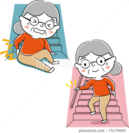 Beware of stair accidents! An old woman who feels safe with a handrail (with a line) 73170695