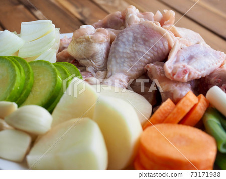 Raw chicken and vegetables, potatoes, carrots, onions, Korean food Dakbokkeumtang ingredients 73171988