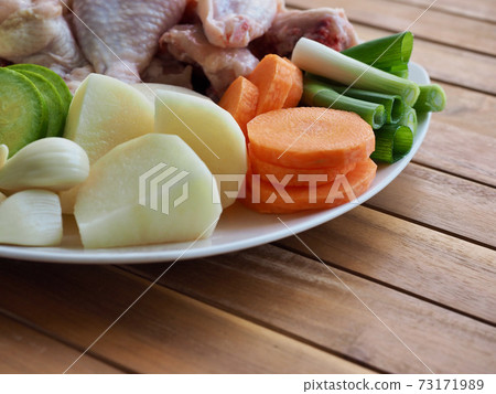 Raw chicken and vegetables, potatoes, carrots, onions, Korean food Dakbokkeumtang ingredients Raw chicken and vegetables, potatoes, carrots, onions, Korean food Dakbokkeumtang ingredients 73171989