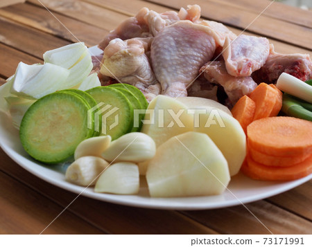 Raw chicken and vegetables, potatoes, carrots, onions, Korean food Dakbokkeumtang ingredients 73171991