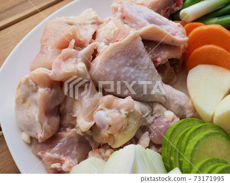 Raw chicken and vegetables, potatoes, carrots, onions, Korean food Dakbokkeumtang ingredients 73171995