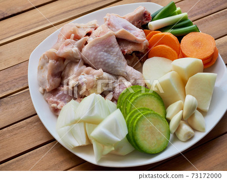 Raw chicken and vegetables, potatoes, carrots, onions, Korean food Dakbokkeumtang ingredients 73172000