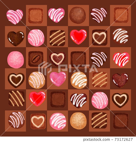 Chocolates lined up in dark chocolate frame squares Chocolates lined up in dark chocolate frame squares 73172627