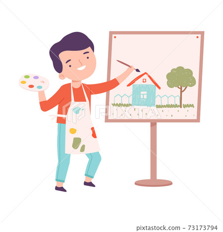 Happy Boy Painting on Canvas, Little Artist... - Stock Illustration ...