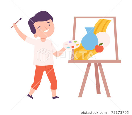 Cute Boy Painting Still Life on Canvas, Little... - Stock Illustration ...