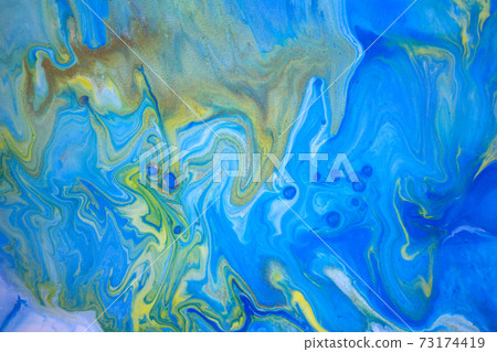 Gold, blue and yellow marbling pattern. Marble liquid texture. 73174419