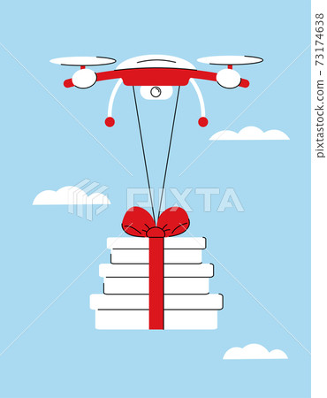 Contactless delivery. The drone carries gifts through the air against the background of the sky. Festive concept. Online delivery. Vector 73174638