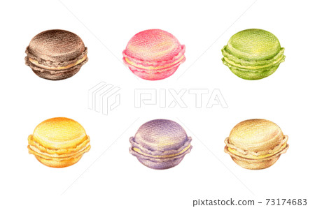 Macaron Set Hand Painted Colored Pencil Drawing Stock Illustration