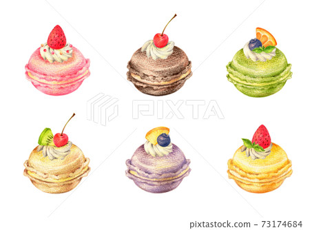 Macaron Set Decorated With Fruits Hand Painted Stock Illustration