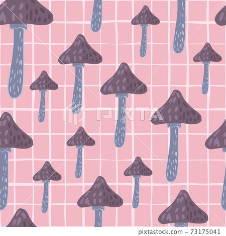 Seamless random pattern with purple and blue colored mushroom elements. Pink chequered background. Seamless random pattern with purple and blue colored mushroom elements. Pink chequered background. 73175041