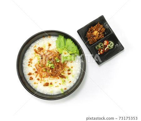 Rice Porridge with Shredded Squids served crispy garlic Rice Porridge with Shredded Squids served crispy garlic 73175353