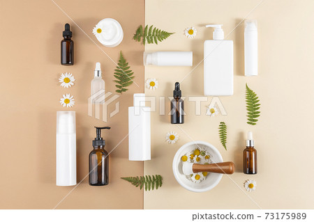 Set of care cosmetics. Various bottles, tubes with cosmetic, chamomile flowers, fern leaves and mortar bowl with pestle on beige and brown background. Beauty concept. Top view Flat lay 73175989