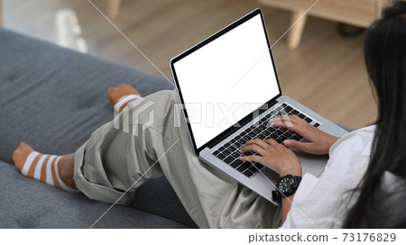 A young woman freelancer working on laptop computer while sitting on sofa in living room. A young woman freelancer working on laptop computer while sitting on sofa in living room. 73176829
