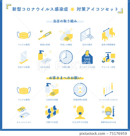 Coronavirus countermeasure icon set for restaurants and stores with Japanese text No main line Coronavirus countermeasure icon set for restaurants and stores with Japanese text No main line 73176959