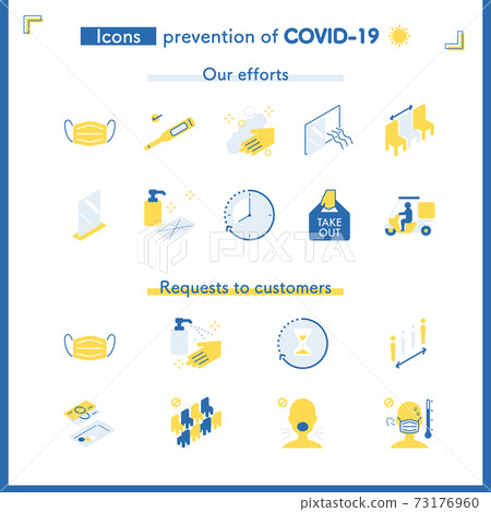 Coronavirus countermeasure icon set for restaurants and stores with English text, no main line Coronavirus countermeasure icon set for restaurants and stores with English text, no main line 73176960