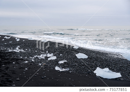 Icebergs on black volcanic beach, Iceland 73177851