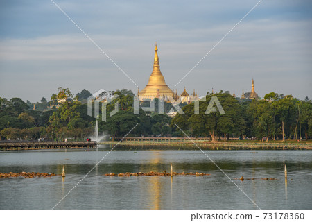 Shwedagon pagoda from kandawgyi lake, Yangon, Myanmar Shwedagon pagoda from kandawgyi lake, Yangon, Myanmar 73178360