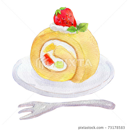 Roll cake watercolor illustration strawberry 73178583