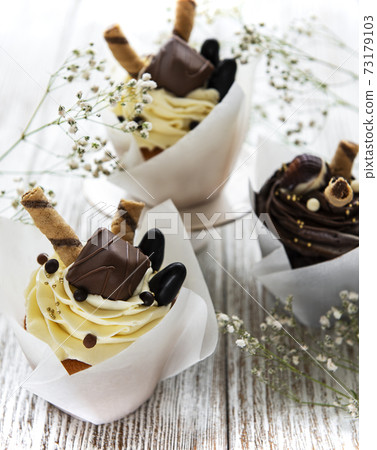 Chocolate cupcakes on white wooden background Chocolate cupcakes on white wooden background 73179103