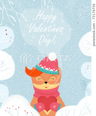 Valentines Day Greeting Winter Fox Hold Red Heart 73179759
