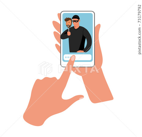 Conceptual illustration of online fraud, cybercrime, data hacking. Fraudster on the phone screen, hands are holding the phone. Flat vector illustration. 73179792
