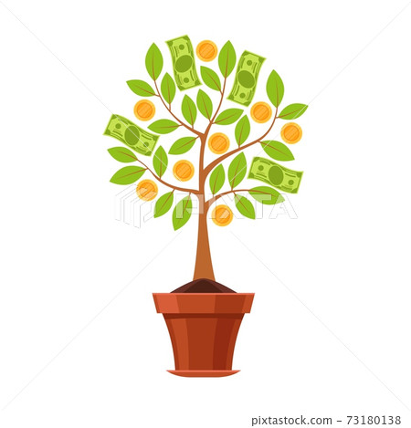 Financial plant. Green tree in pot with leaves, golden flowers coins and dollar cash, business investment profit, saving and growing money. Wealth and success symbol vector flat concept Financial plant. Green tree in pot with leaves, golden flowers coins and dollar cash, business investment profit, saving and growing money. Wealth and success symbol vector flat concept 73180138