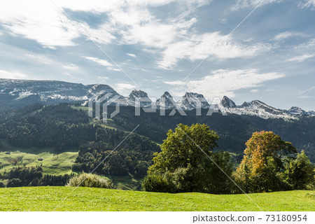 Landscape in Toggenburg with view of the Churfirsten, Canton of St. Gallen, Switzerland Landscape in Toggenburg with view of the Churfirsten, Canton of St. Gallen, Switzerland 73180954
