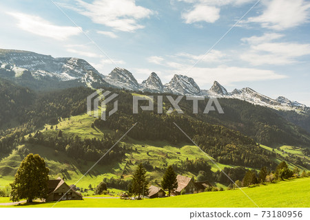 Landscape in Toggenburg with view of the Churfirsten, Canton of St. Gallen, Switzerland Landscape in Toggenburg with view of the Churfirsten, Canton of St. Gallen, Switzerland 73180956