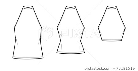 Set of Tops high neck halter tanks technical fashion illustration with bow, slim, oversized fit, waist, crop length. Set of Tops high neck halter tanks technical fashion illustration with bow, slim, oversized fit, waist, crop length. 73181519