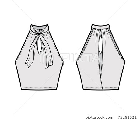 Top crop V-neck halter tank technical fashion illustration with tie, wrap, slim fit, bow, waist length. Flat outwear 73181521