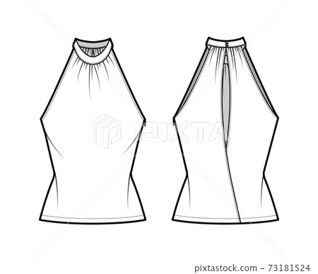 Top banded high neck halter tank technical fashion illustration with wrap, slim fit, tunic length. Flat apparel outwear Top banded high neck halter tank technical fashion illustration with wrap, slim fit, tunic length. Flat apparel outwear 73181524