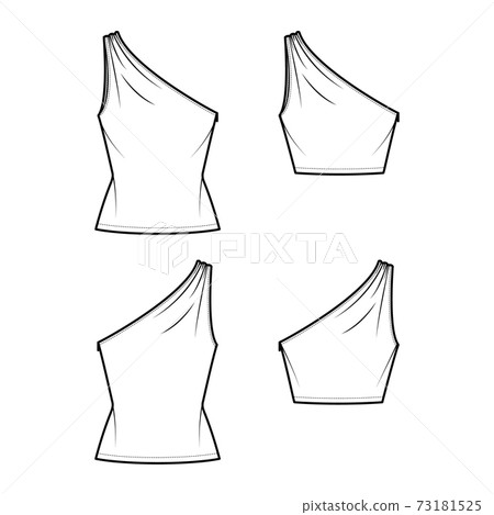 Set of One-shoulder tops tank technical fashion illustration with ruching, fitted body, tunic and waist length hem. Set of One-shoulder tops tank technical fashion illustration with ruching, fitted body, tunic and waist length hem. 73181525