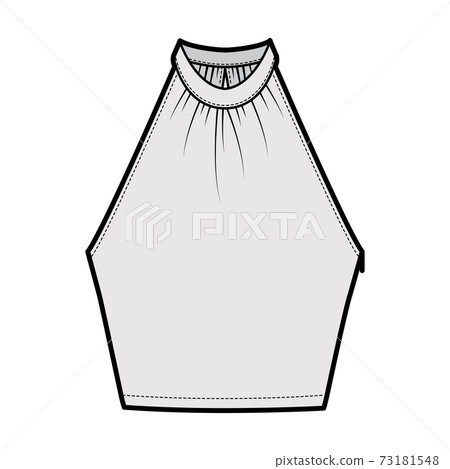 Top crop banded high neck halter tank technical fashion illustration with wrap, slim fit, waist length. Flat apparel  73181548