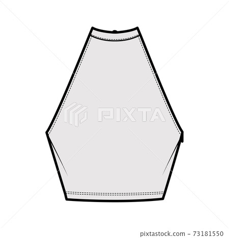 Top crop high neck halter tank cotton-jersey technical fashion illustration with bow, slim fit, waist length. Flat 73181550