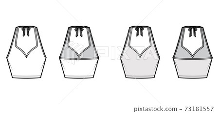 Tank halter sweetheart neck Crop top technical fashion illustration with bow, slim fit, waist length. Flat apparel Tank halter sweetheart neck Crop top technical fashion illustration with bow, slim fit, waist length. Flat apparel 73181557