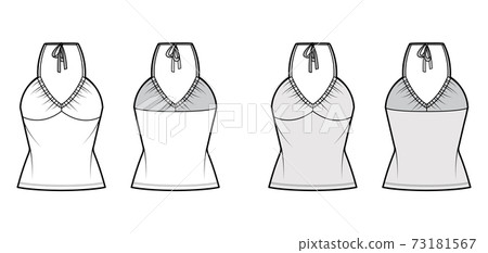 Top V-neck halter tank technical fashion illustration with empire seam, thin tieback, slim fit, bow, tunic length. Flat Top V-neck halter tank technical fashion illustration with empire seam, thin tieback, slim fit, bow, tunic length. Flat 73181567