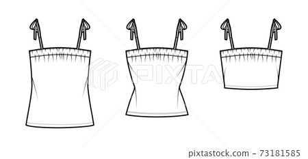 Set of Tanks tie strap tops technical fashion illustration with ruching, oversized and fitted body, tunic, waist length Set of Tanks tie strap tops technical fashion illustration with ruching, oversized and fitted body, tunic, waist length 73181585